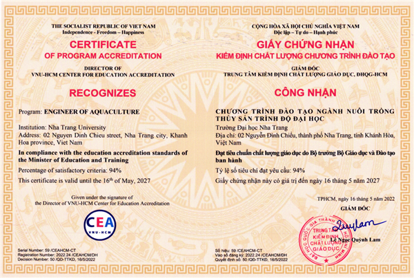 Chương trình đào tạo ngành Nuôi trồng thủy sản của Viện Nuôi trồng Thủy sản –Trường Đại học Nha Trang đạt kiểm định chất lượng và xếp hạng 5 sao